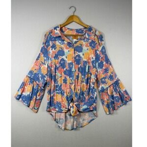 Boho Artsy Ruby Rd Women 1X Blue Orange Floral Bell Sleeve Tie Front Blouse